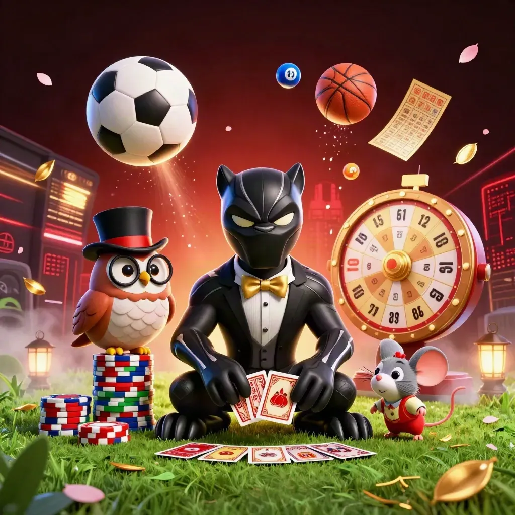 Neon casino mascots with flying cards, sports balls and green rim light, ground-level cinematic splash art