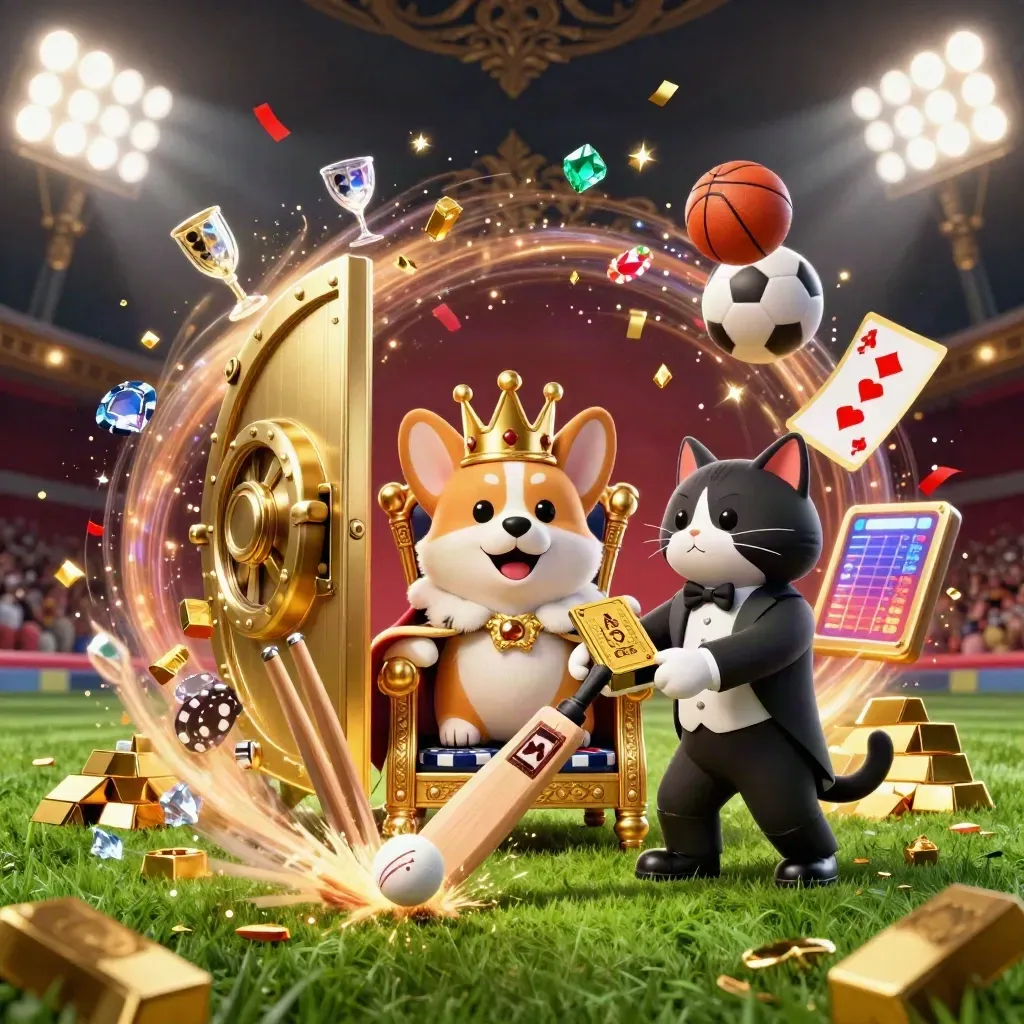 Royal corgi and cat butler amid a cricket impact, gold vault blast, casino sparkles.