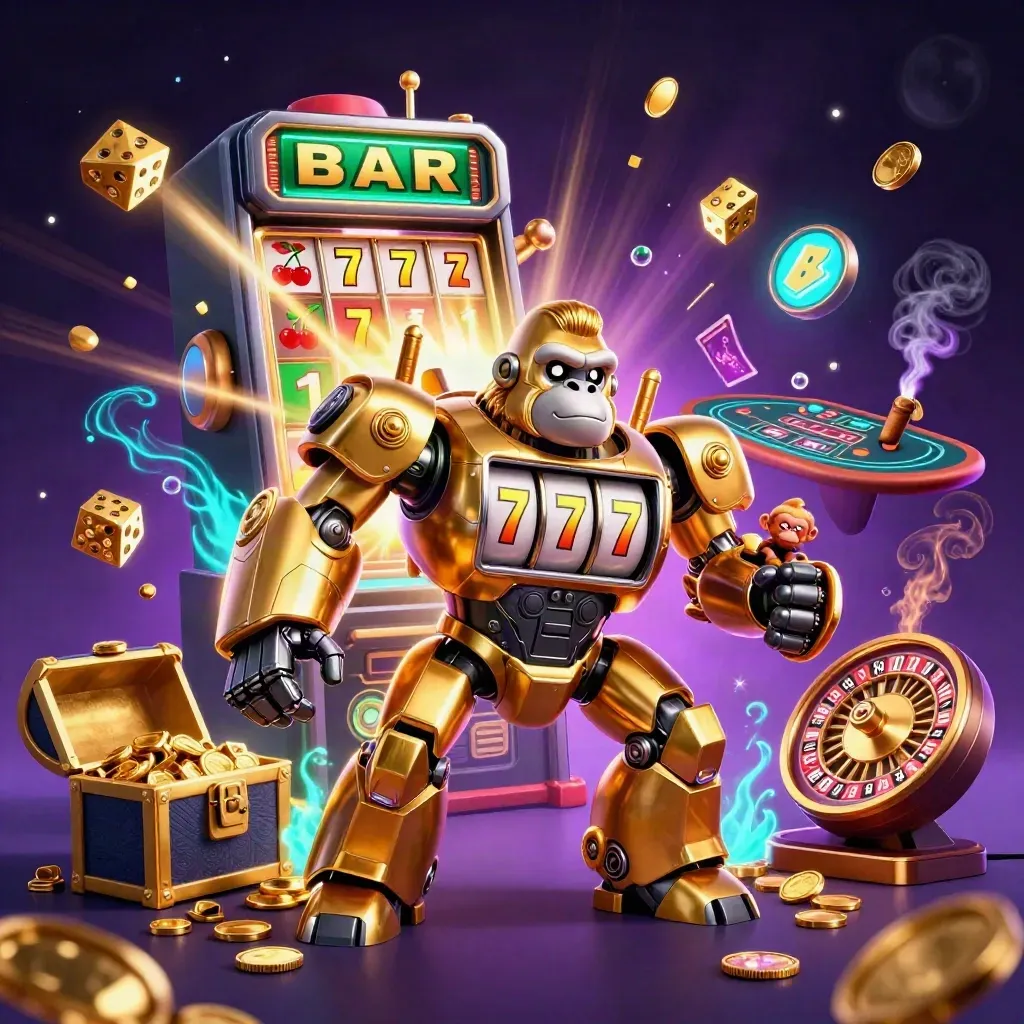 Golden gorilla mech with monkey pilot amid slot bursts, dice, cards, and luxury casino lighting.