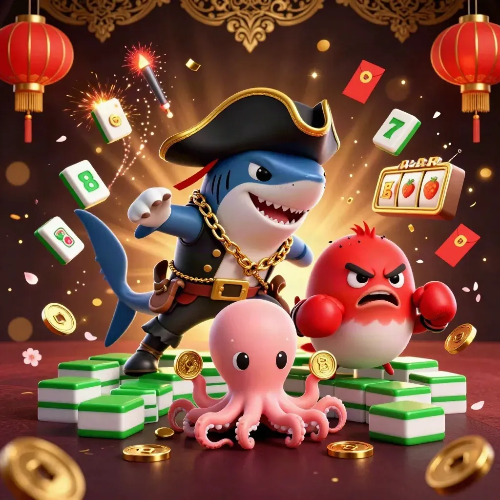 Pirate shark, boxing pufferfish, and juggling octopus amid gold coins, lanterns, and casino effects.