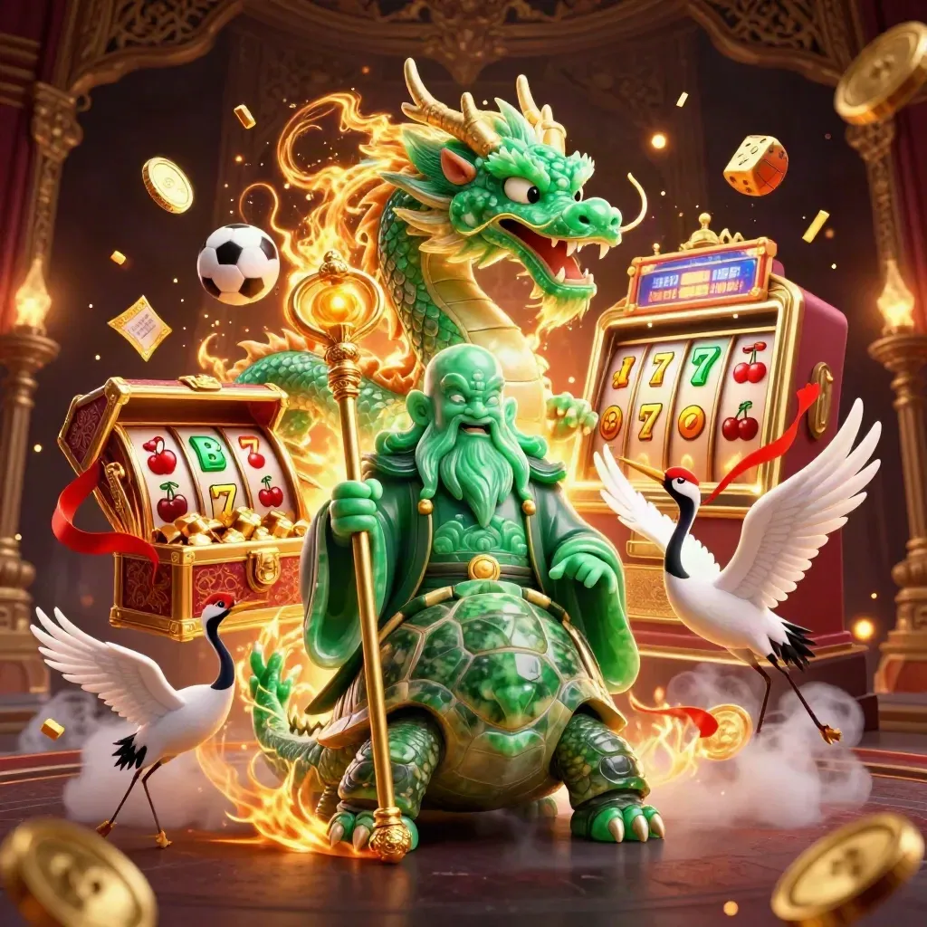 Emerald dragon, turtle sage, and cranes explode amid gold coins, slot symbols, and fireworks.