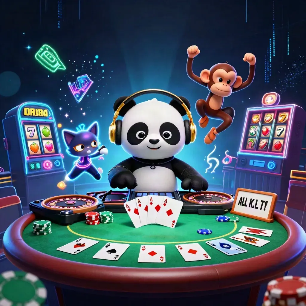 DJ panda, dancing monkey, and glow-kitten in a neon casino rave with poker and slot effects