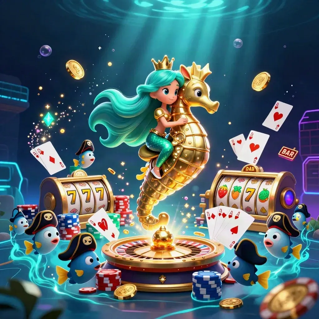 Mermaid princess on armored seahorse amid coins, chips, roulette wheel, and pirate fish.