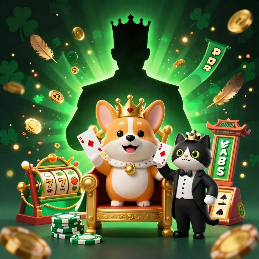 Royal corgi and cat butler on a chip throne amid reels, coins, temple gate, and green casino glow.